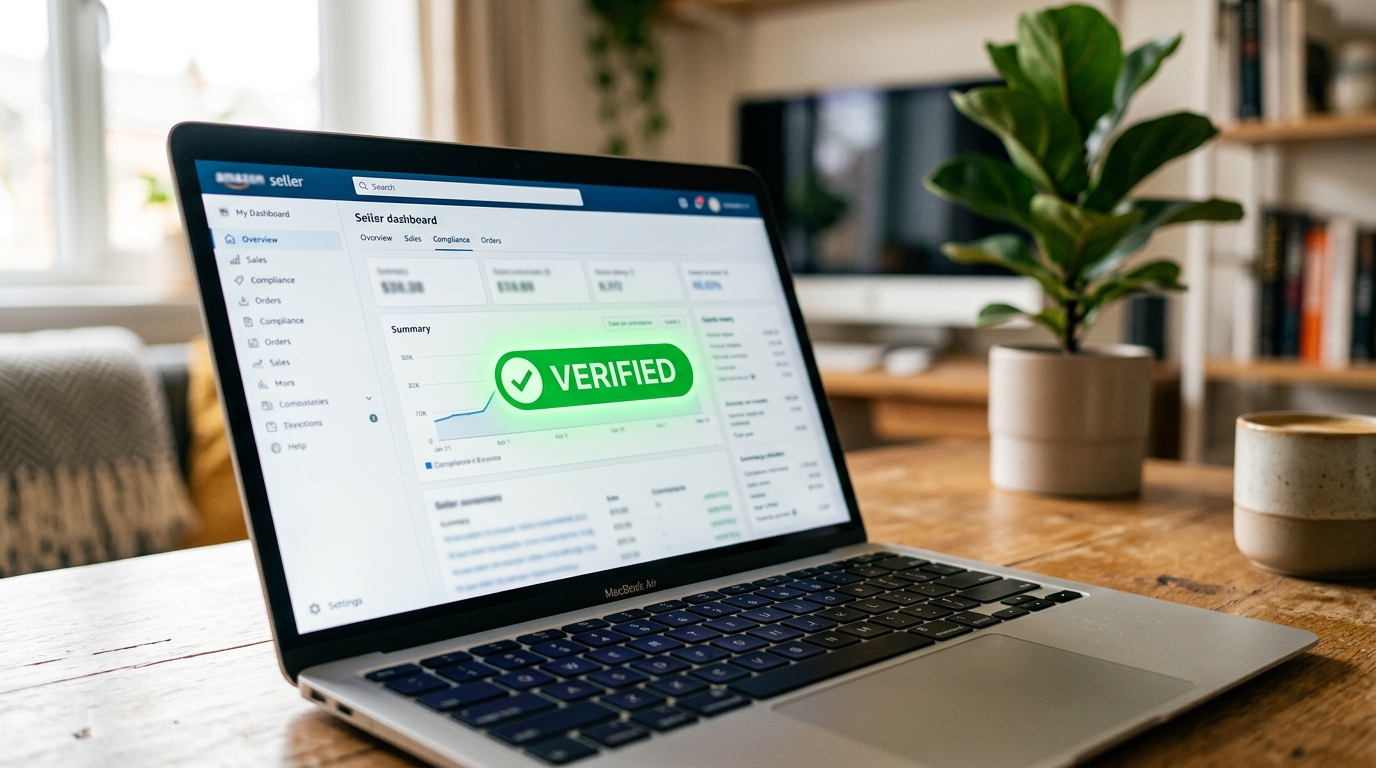 Een digitaal dashboard met een opgeloste compliance-melding op een e-commerce marktplaatsplatform. · AI-gegenereerd