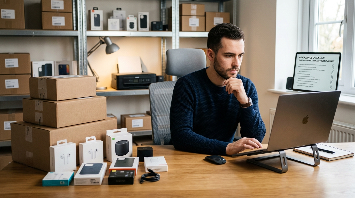 A webshop owner sitting at a desk, reviewing a compliance checklist on a laptop next to a stack of shipping boxes and electronic products. · AI-generated