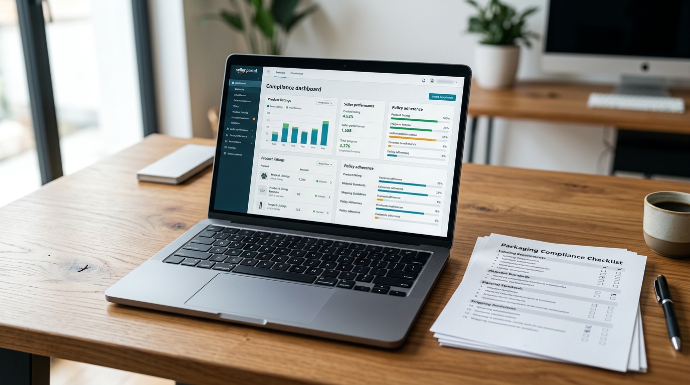 Een laptopscherm met het compliance-dashboard van Amazon Seller Central naast een controlelijst voor de Duitse verpakkingswet. · AI-gegenereerd