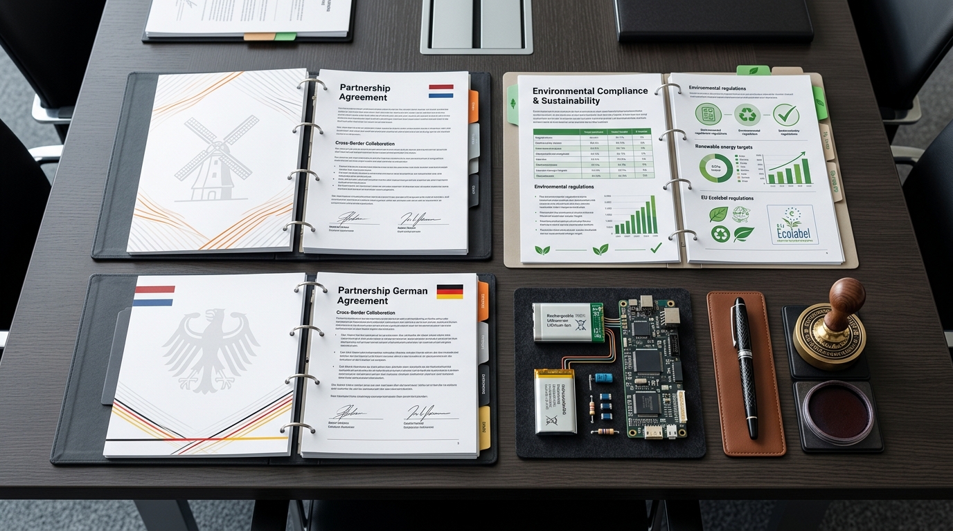 A diagram showing a Dutch business appointing a German authorised representative to handle stiftung ear registration for WEEE and batteries. · AI-generated