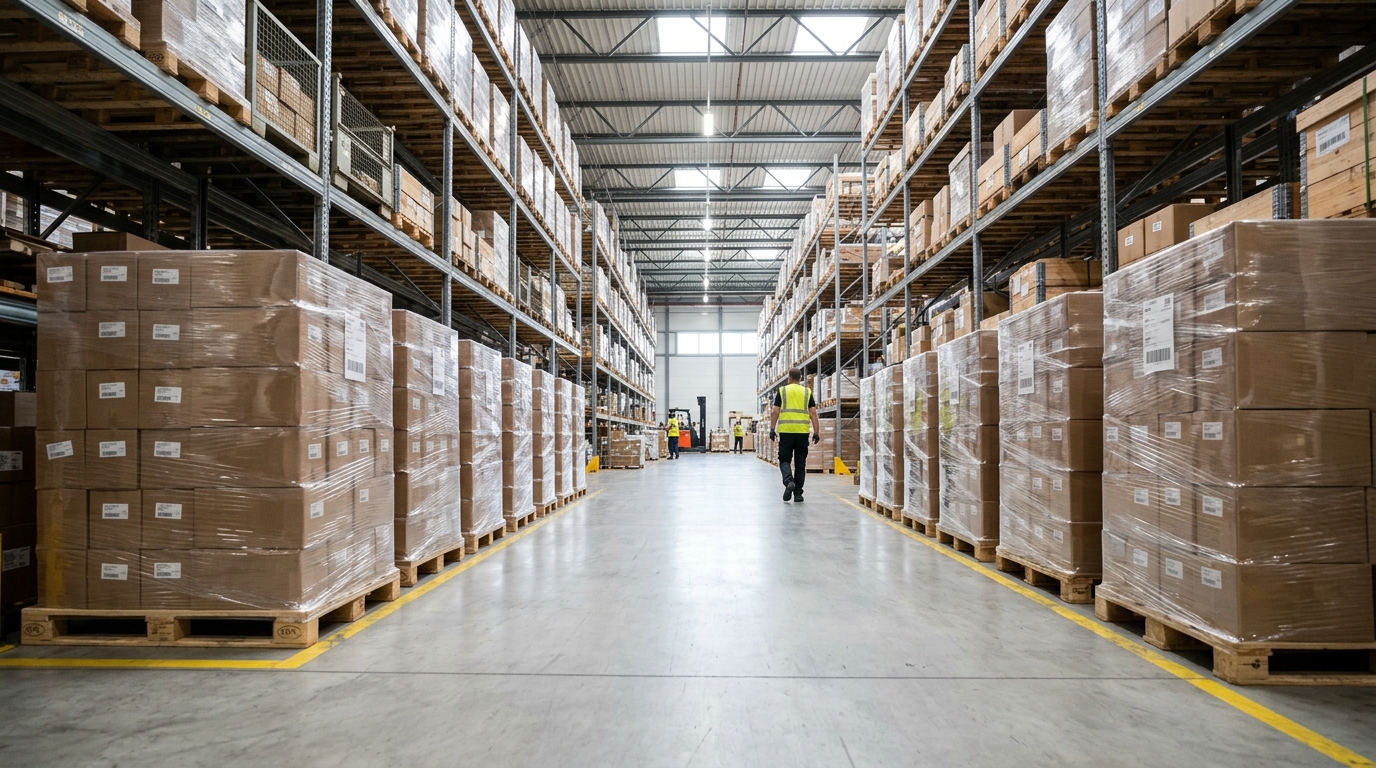 Cardboard boxes and transport pallets stacked in a modern B2B warehouse ready for commercial dispatch. · AI-generated