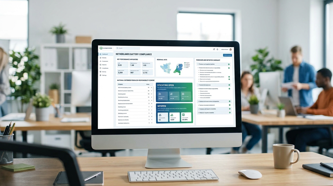 A digital dashboard displaying a battery compliance matrix for the Netherlands, with Stichting OPEN and MyOPEN highlighted alongside a checklist for importers and producers. · AI-generated