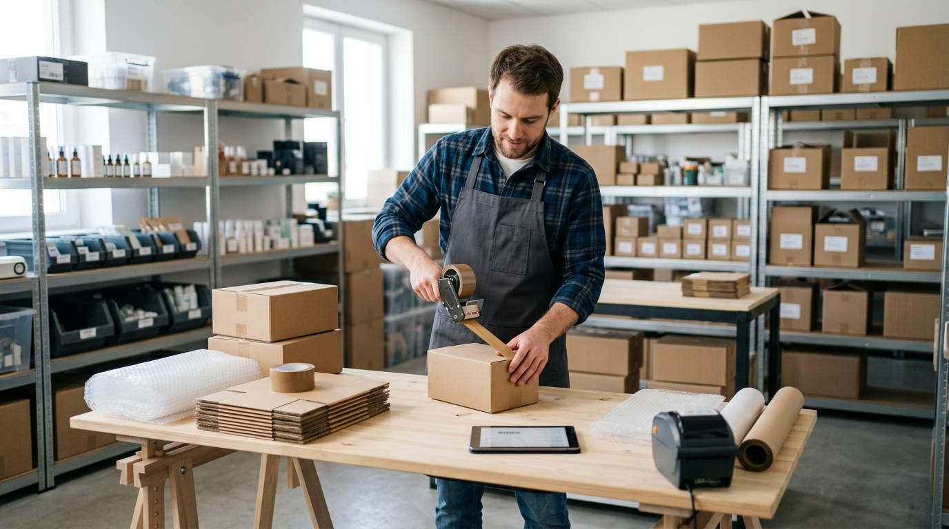 Ein Webshop-Betreiber packt kleine Versandkartons für den Warenversand in seinem Lager. · KI-generiert
