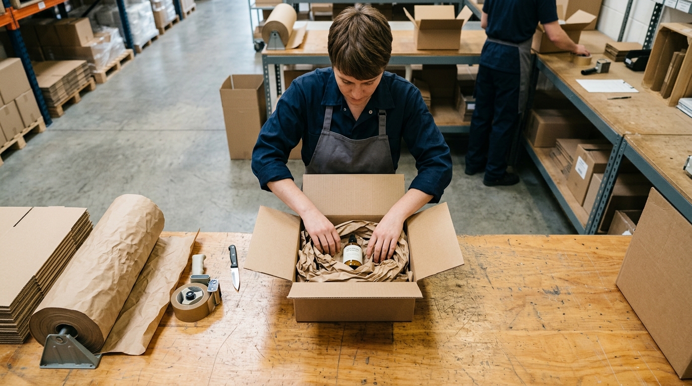 A person packing a cardboard box for shipping in an e-commerce warehouse · AI-generated