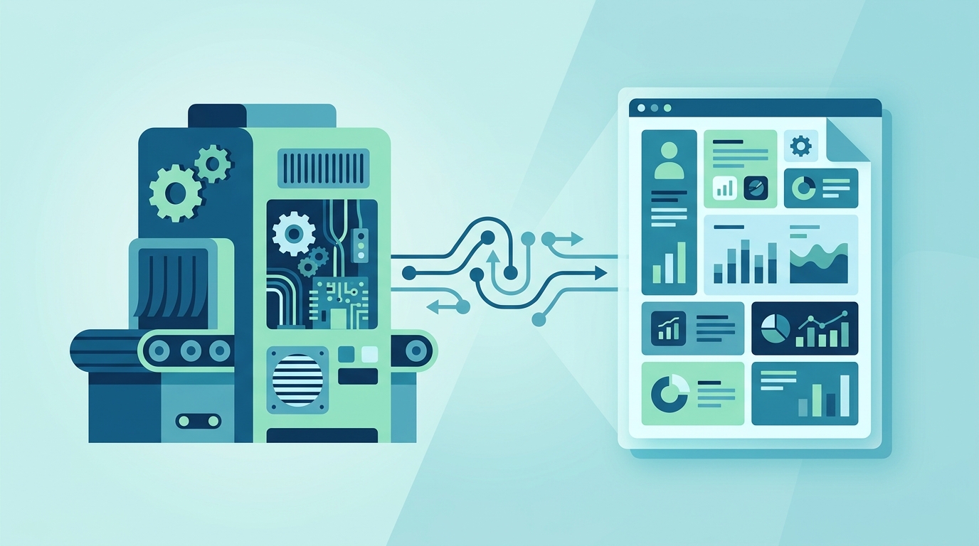 Neutral flat-design illustration: a product next to a digitally displayed data sheet, connected by an abstract link symbol, in shades of blue and green, no text · AI-generated