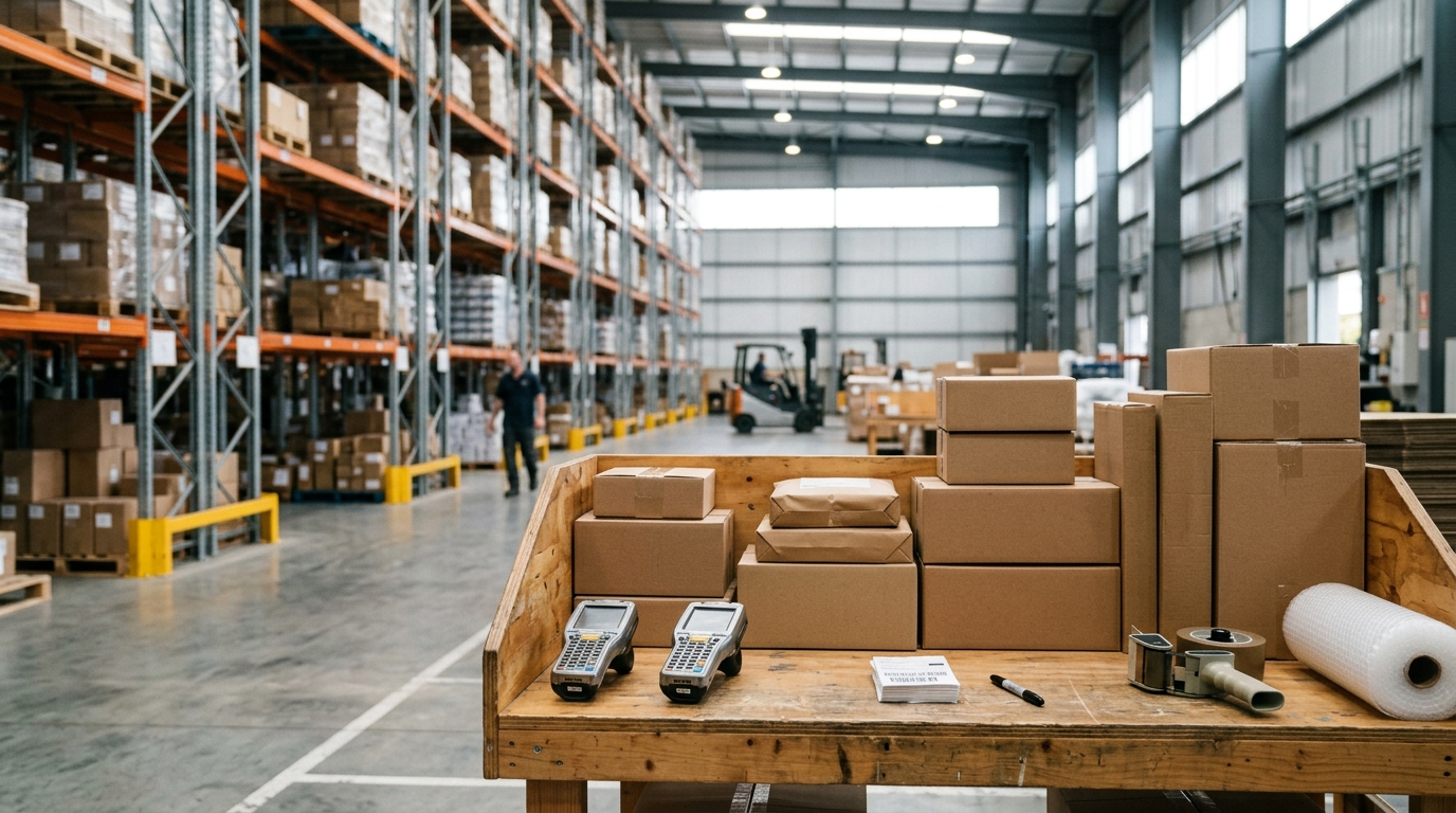 A warehouse setting showing packaged goods being prepared for shipping, representing dropshipping e-commerce operations. · AI-generated