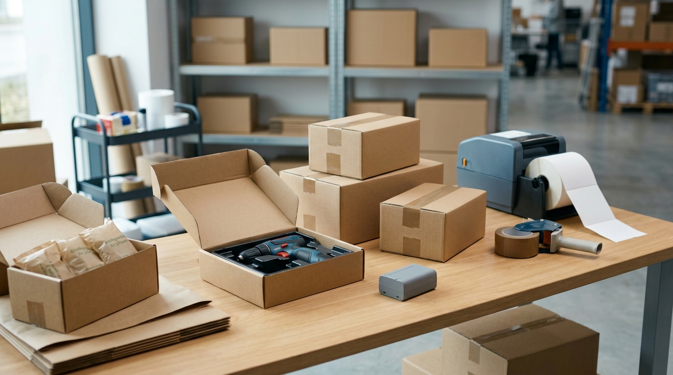 Neutral shipping table with packaged products, an electrical device and a battery, illustration without text, no numbers or legal terms in the image · AI-generated
