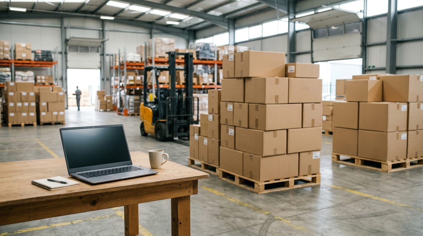 Neutraler Lagerhallen-Ausschnitt mit Versandkartons auf Paletten und einem Laptop auf einem Tisch im Vordergrund, ohne Text oder Kennzeichnungen · KI-generiert