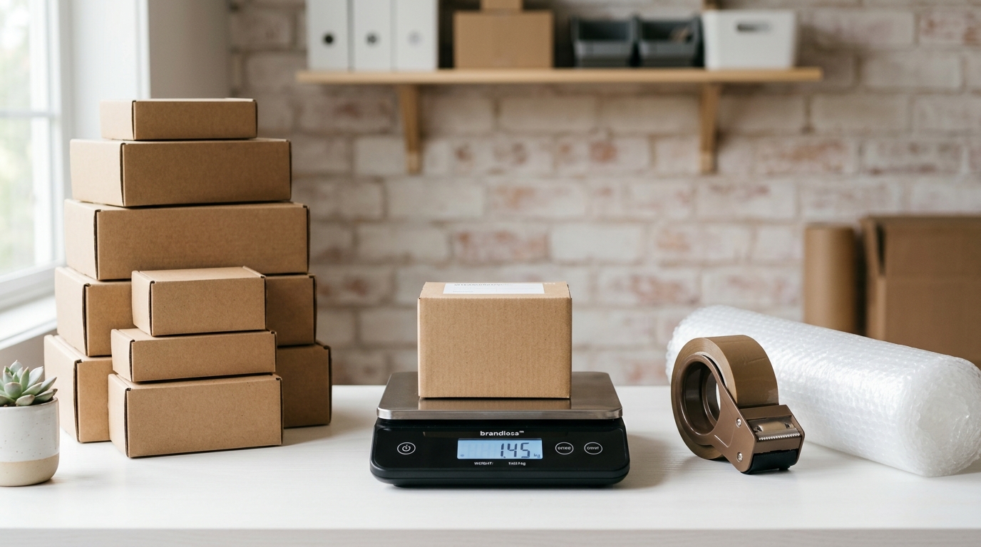 A digital scale displaying kilograms next to a stack of cardboard shipping boxes and packaging materials, representing ecommerce packaging weight calculation. · AI-generated
