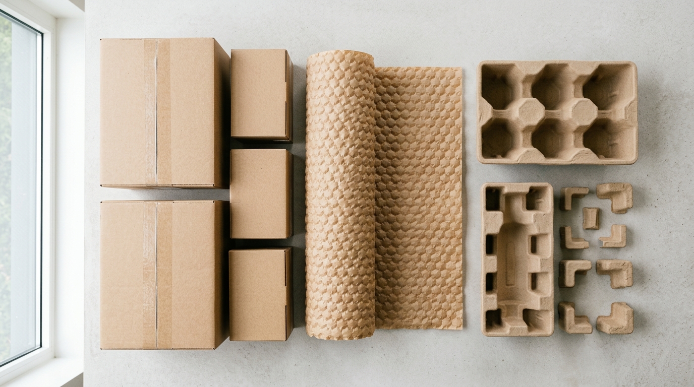 Cardboard shipping boxes and sustainable packaging materials representing extended producer responsibility and e-commerce logistics for Dutch webshops. · AI-generated