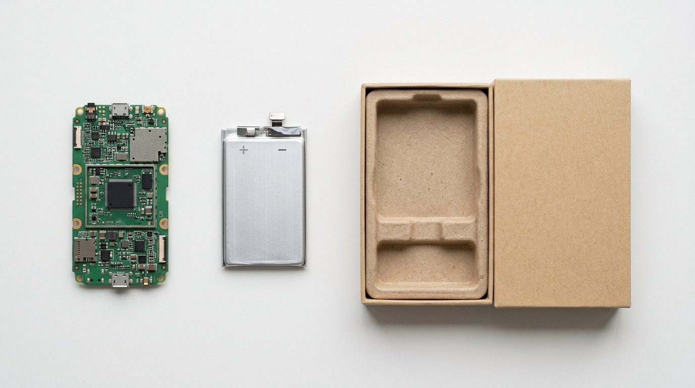 A top-down view of a dismantled electronic gadget, showing its circuit board, rechargeable battery, and cardboard packaging side by side. · AI-generated