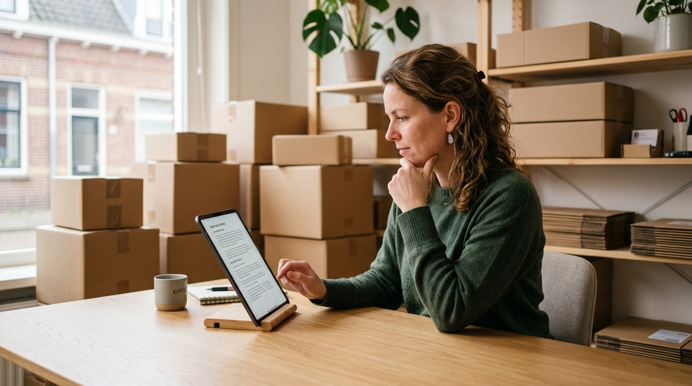 A Dutch webshop owner reviewing German packaging act compliance guidelines on a tablet. · AI-generated