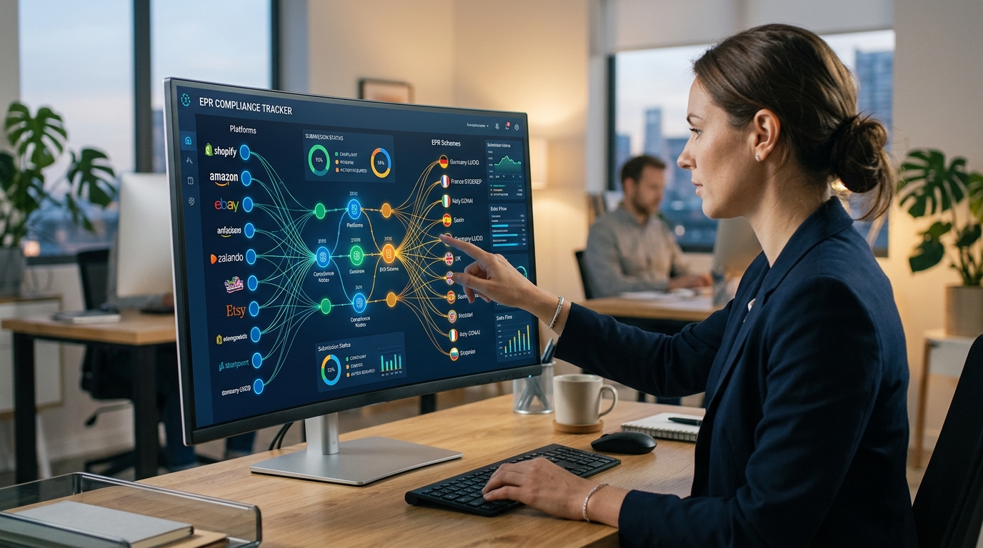 A digital dashboard displaying marketplace compliance checks, with interconnected nodes representing e-commerce platforms and European EPR registers. · AI-generated