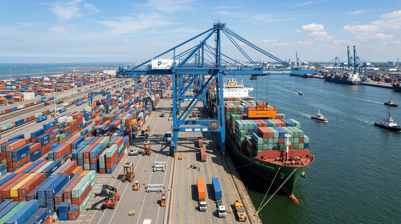 A shipping container being unloaded at a Dutch port, representing imports from outside the EU. · AI-generated