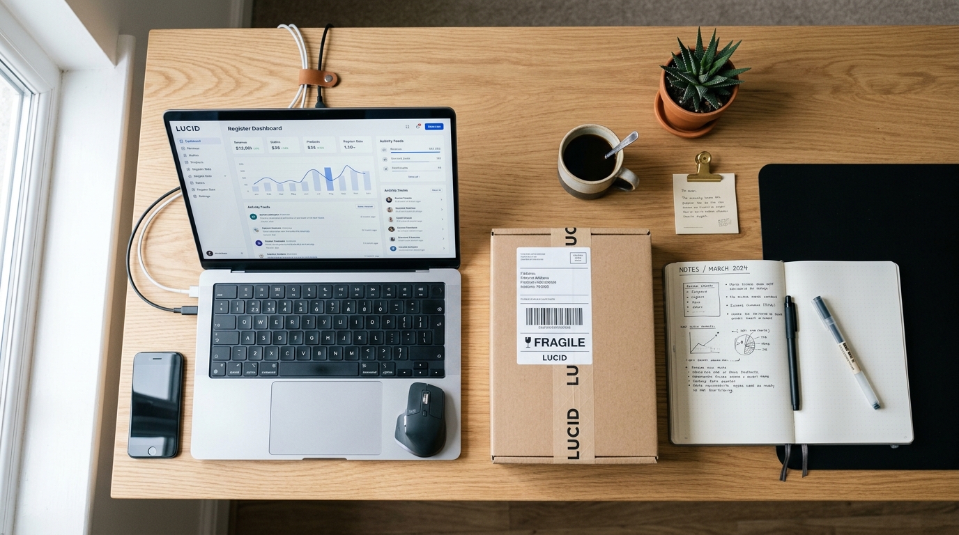 A clean workspace showing a laptop screen with the LUCID register dashboard, next to a cardboard shipping box and a notebook, representing e-commerce packaging compliance in Germany. · AI-generated