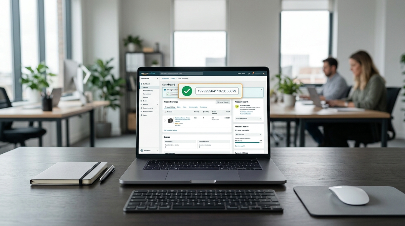 A laptop displaying an online marketplace seller dashboard with a green compliance checkmark next to an EPR registration number. · AI-generated