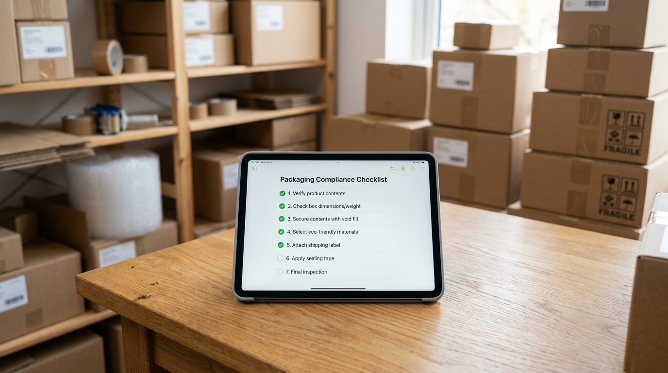 A minimalist checklist on a digital tablet showing packaging compliance steps for a new e-commerce business, with shipping boxes in the background. · AI-generated