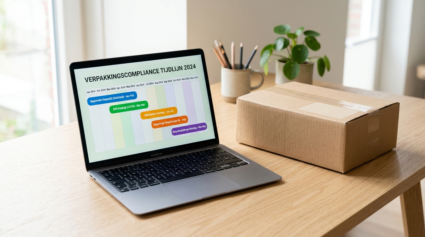 A laptop displaying packaging compliance timelines for a small Dutch webshop next to a cardboard shipping box.