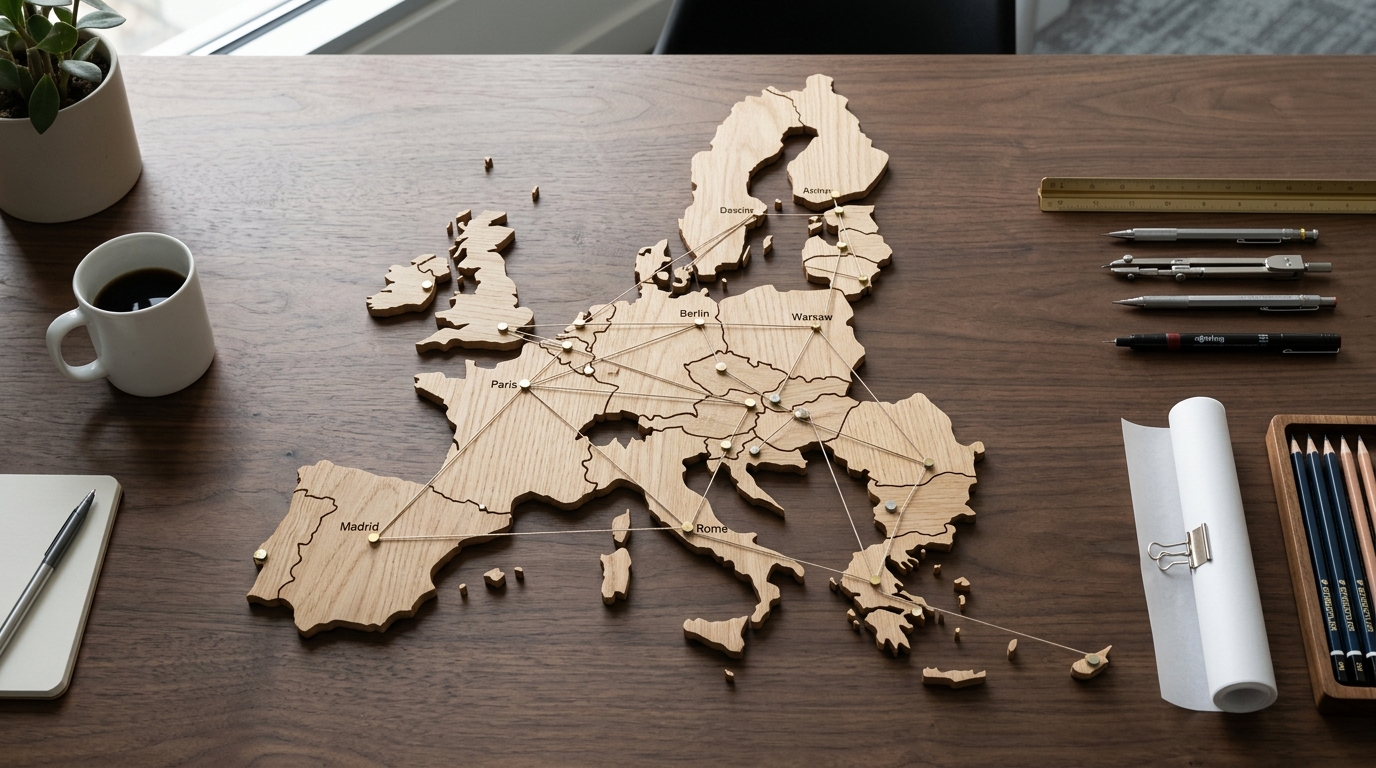 A visual representation of EU member states on a map, highlighting the concept of cross-border exports and authorised representation. · AI-generated