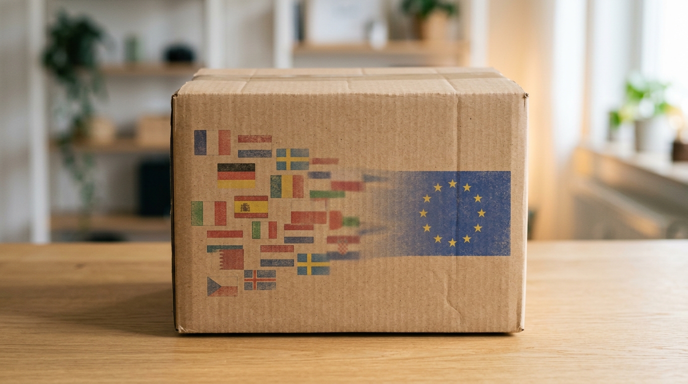 A visual representation of EU and national flags on cardboard packaging, symbolising the transition from national EPR rules to harmonised PPWR regulations. · AI-generated