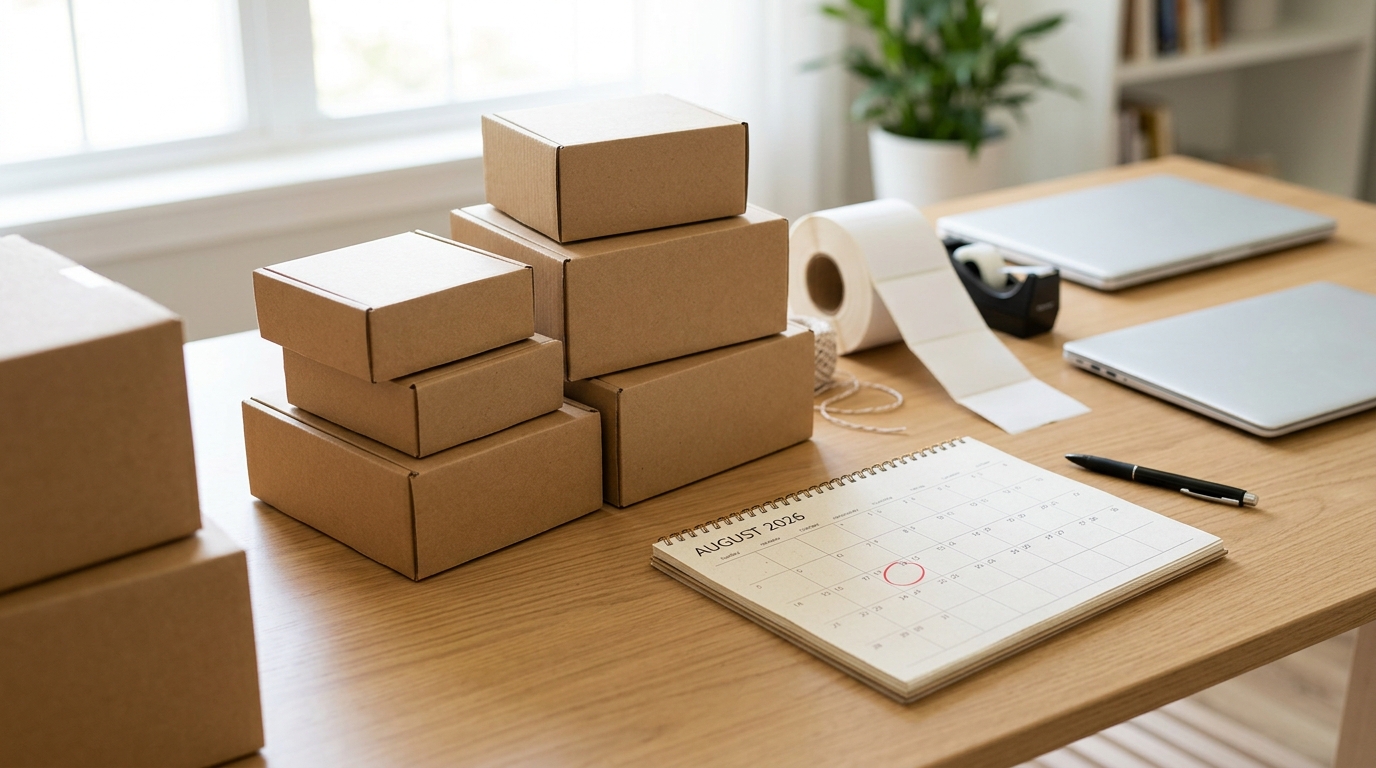 A desk with cardboard delivery boxes and a calendar highlighting August 2026, representing the upcoming PPWR packaging rules for webshops. · AI-generated