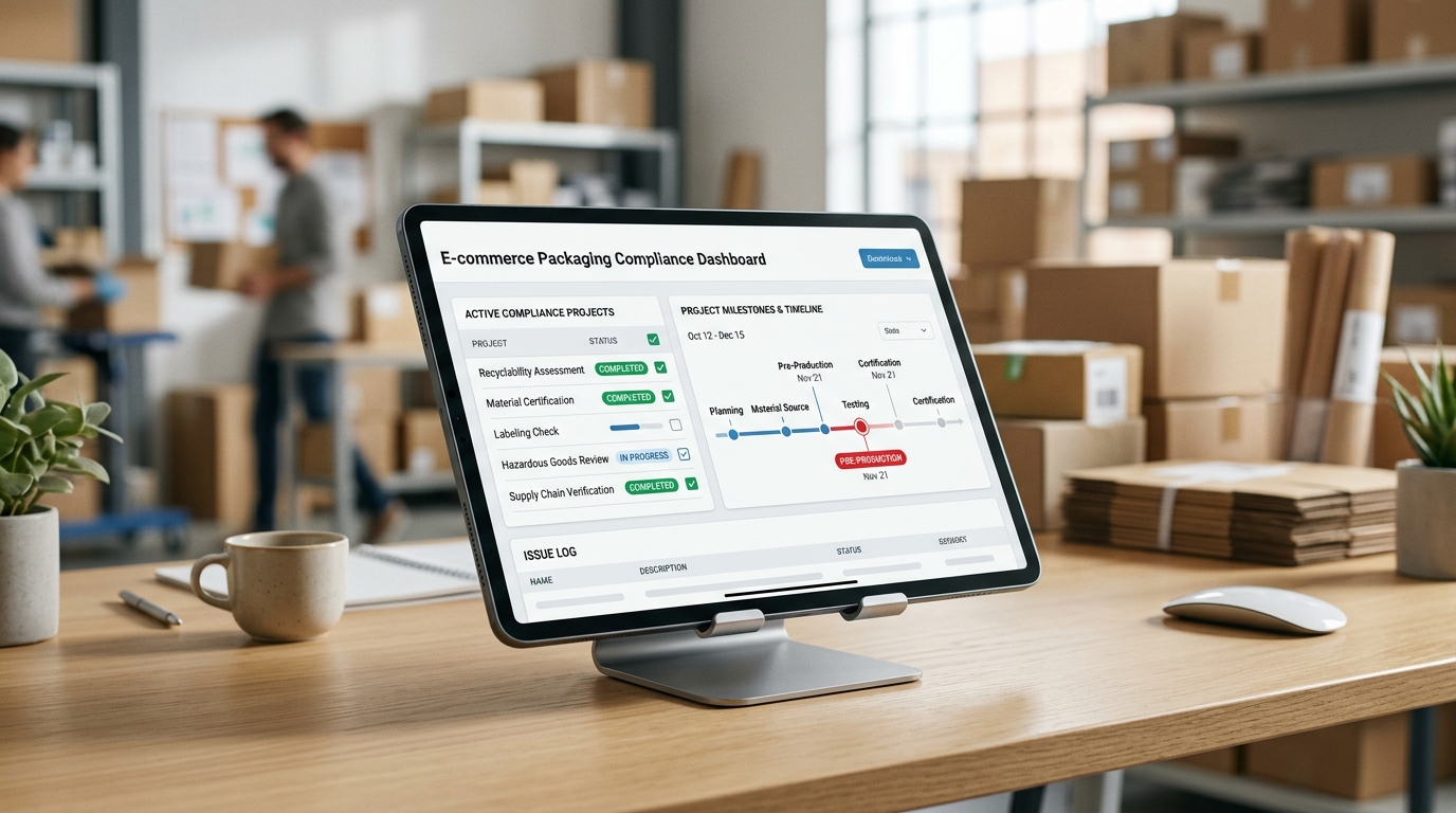 Een digitaal dashboard met een compliance-checklist voor grensoverschrijdende e-commerceverpakkingen, met de nadruk op een deadline in 2026. · AI-gegenereerd