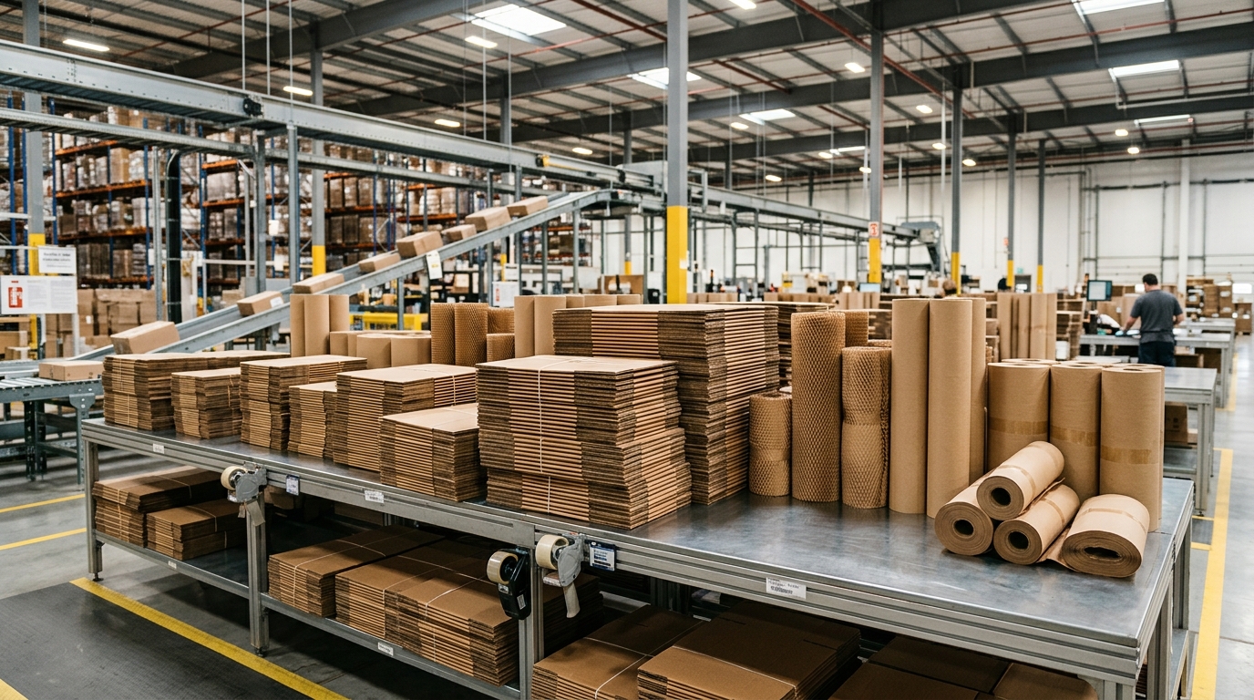 Cardboard shipping boxes and recyclable packaging materials on a warehouse sorting table. · AI-generated