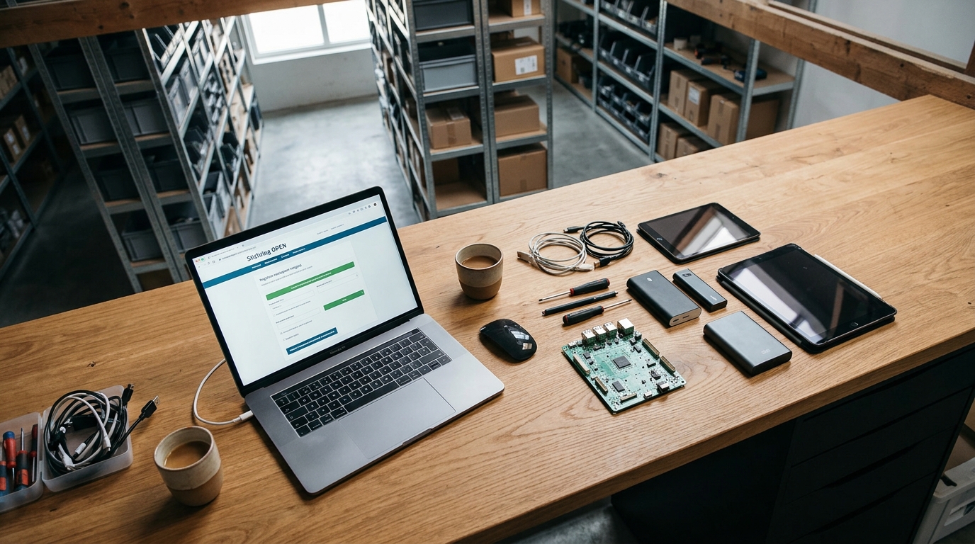 A laptop displaying the Stichting OPEN registration portal alongside electronic devices in a Dutch warehouse. · AI-generated