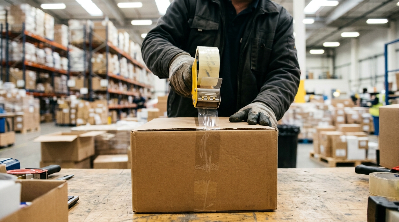 A warehouse worker taping a shipping box, representing e-commerce shipping packaging tracking for Verpact compliance. · AI-generated