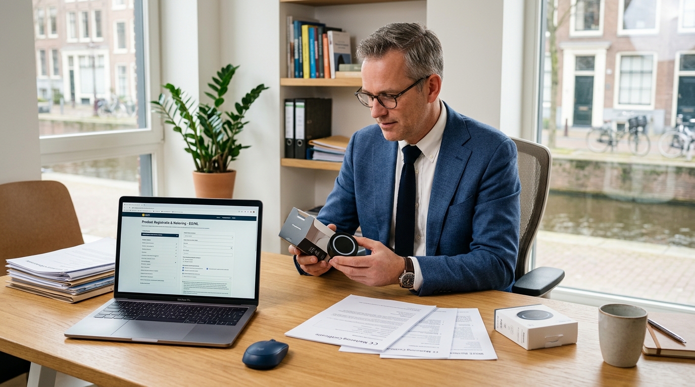 Een Nederlandse ondernemer die elektronische producten en compliancedocumenten bekijkt op een laptop. · AI-gegenereerd