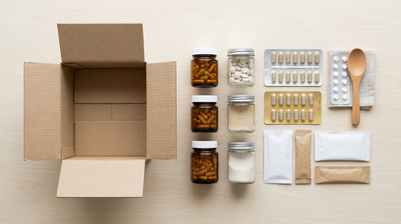 Een overzichtelijke opstelling van supplementenpotten, doordrukstrips en sachets naast een kartonnen verzenddoos op een licht bureau. · AI-gegenereerd