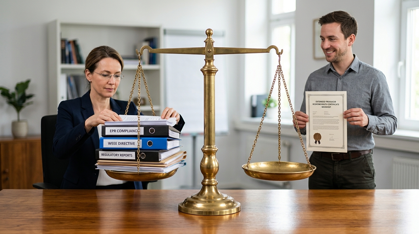 Illustratie van een weegschaal in balans met aan de ene kant een UPV-dienstverlener die documenten beheert en aan de andere kant een webshopeigenaar die een juridisch aansprakelijkheidscertificaat vasthoudt. · AI-gegenereerd
