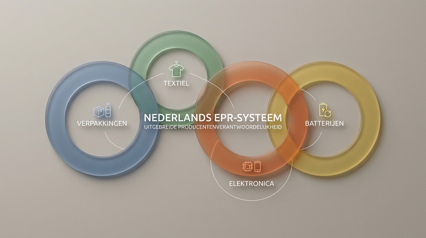 Een minimalistische illustratie met vier verbonden cirkels voor verpakkingen, textiel, elektronica en batterijen binnen de Nederlandse UPV.