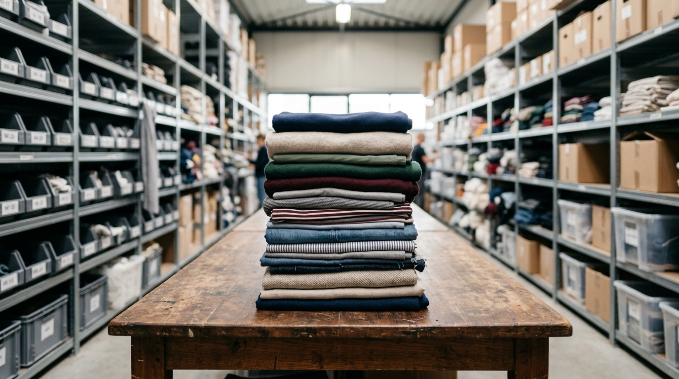 A neat stack of folded textiles and clothing in a Dutch warehouse setting. · AI-generated