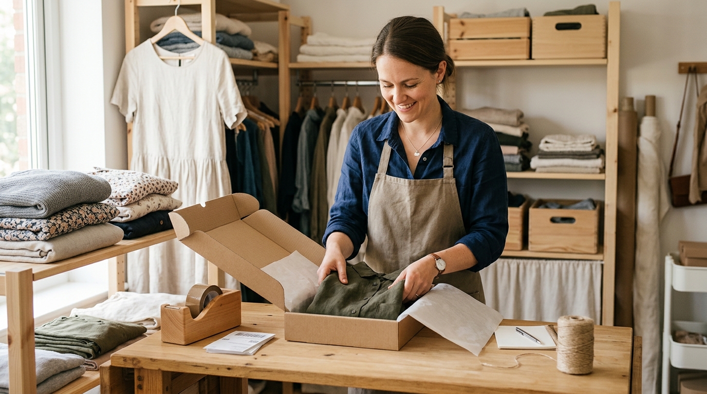 De eigenaar van een kleine webshop pakt kledingbestellingen in verzenddozen in een overzichtelijke werkruimte, ter illustratie van textielcompliance. · AI-gegenereerd