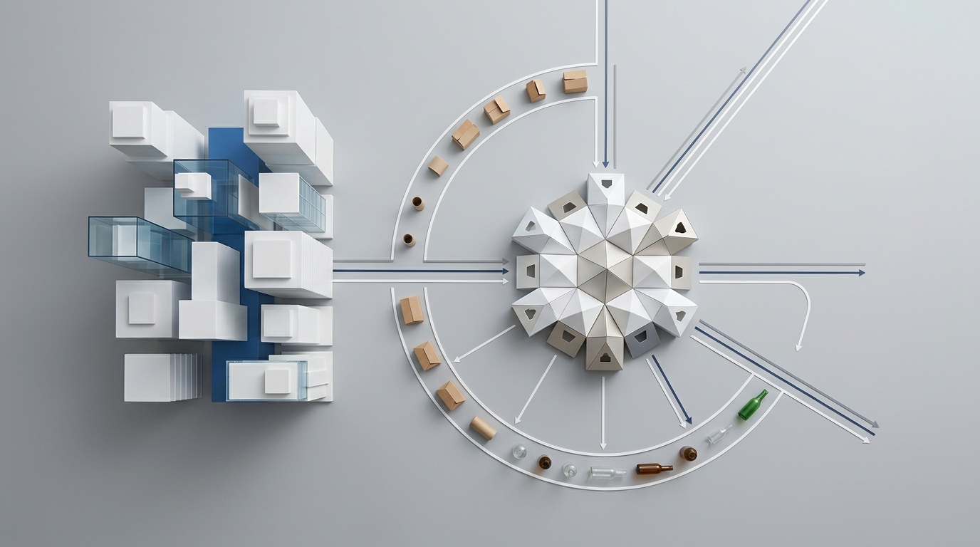 Een gestructureerd conceptueel diagram van het Nederlandse UPV-systeem voor verpakkingen, met duidelijke pijlen van een bedrijf naar een centrale recyclinghub. · AI-gegenereerd