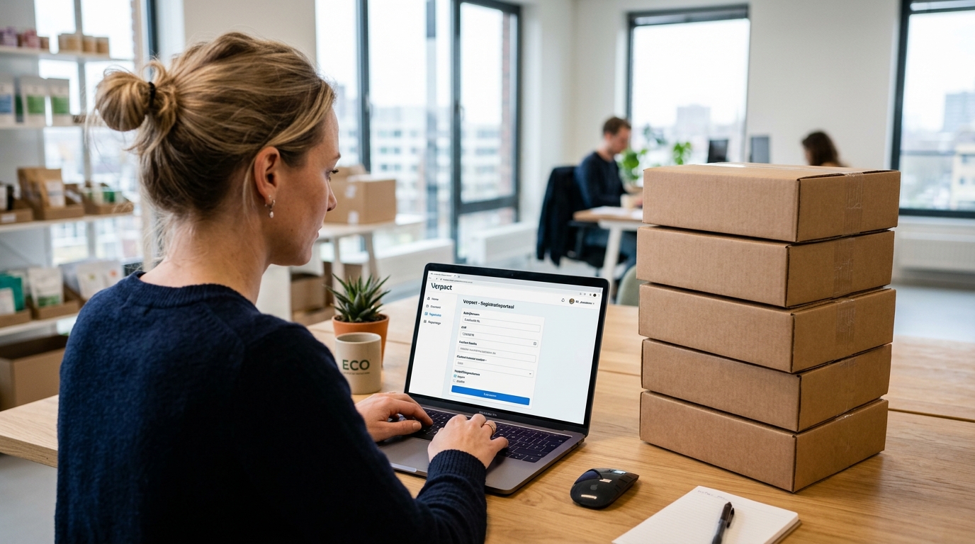 Een Nederlandse e-commerce ondernemer die aan een laptop werkt naast verpakkingsdozen en de Verpact-registratie online beheert. · AI-gegenereerd