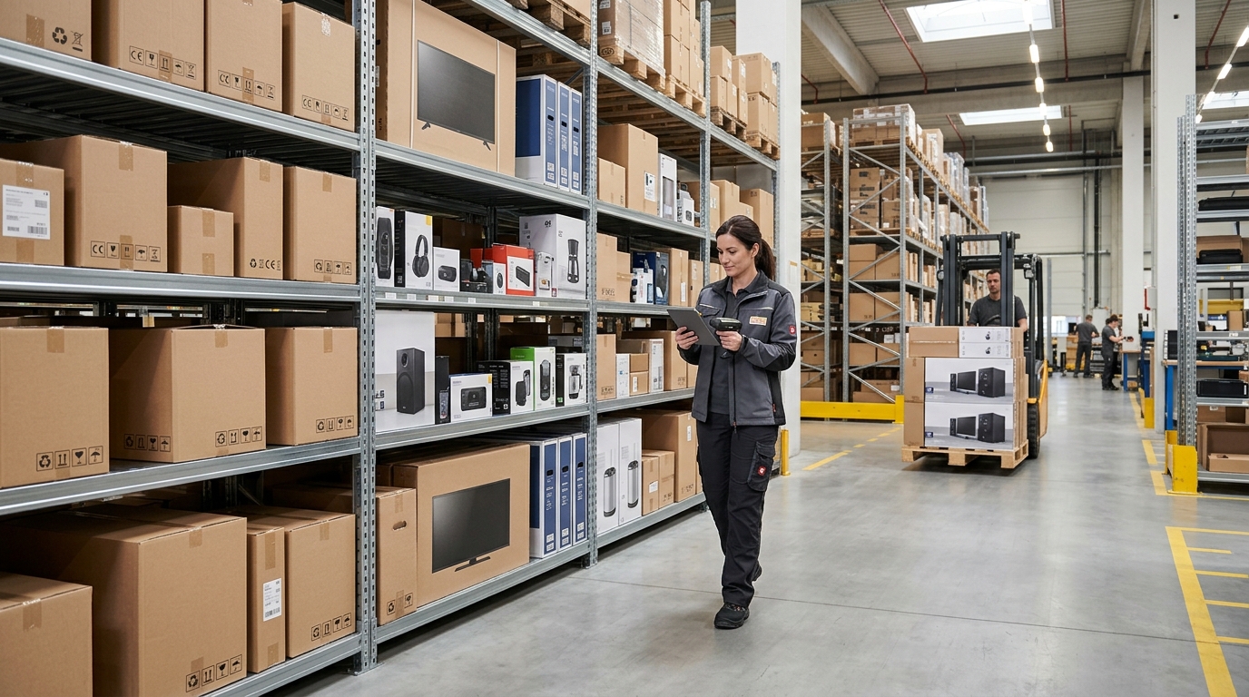 Neutral illustration of a shipping warehouse with boxes and electrical devices on shelves, theme electronics retail and logistics · AI-generated