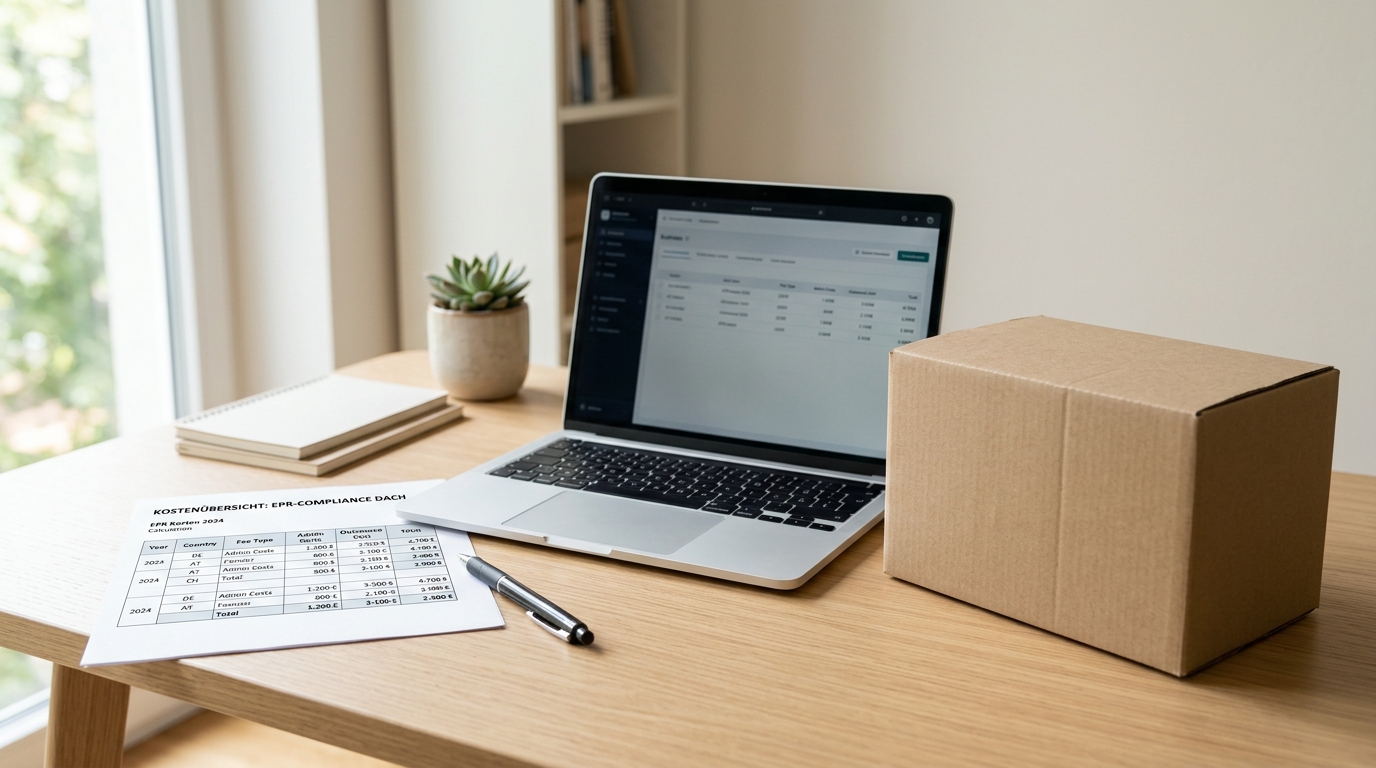 Tidy desk with a calculation sheet, pen and laptop, next to it a plain brown cardboard box, calm daylight · AI-generated