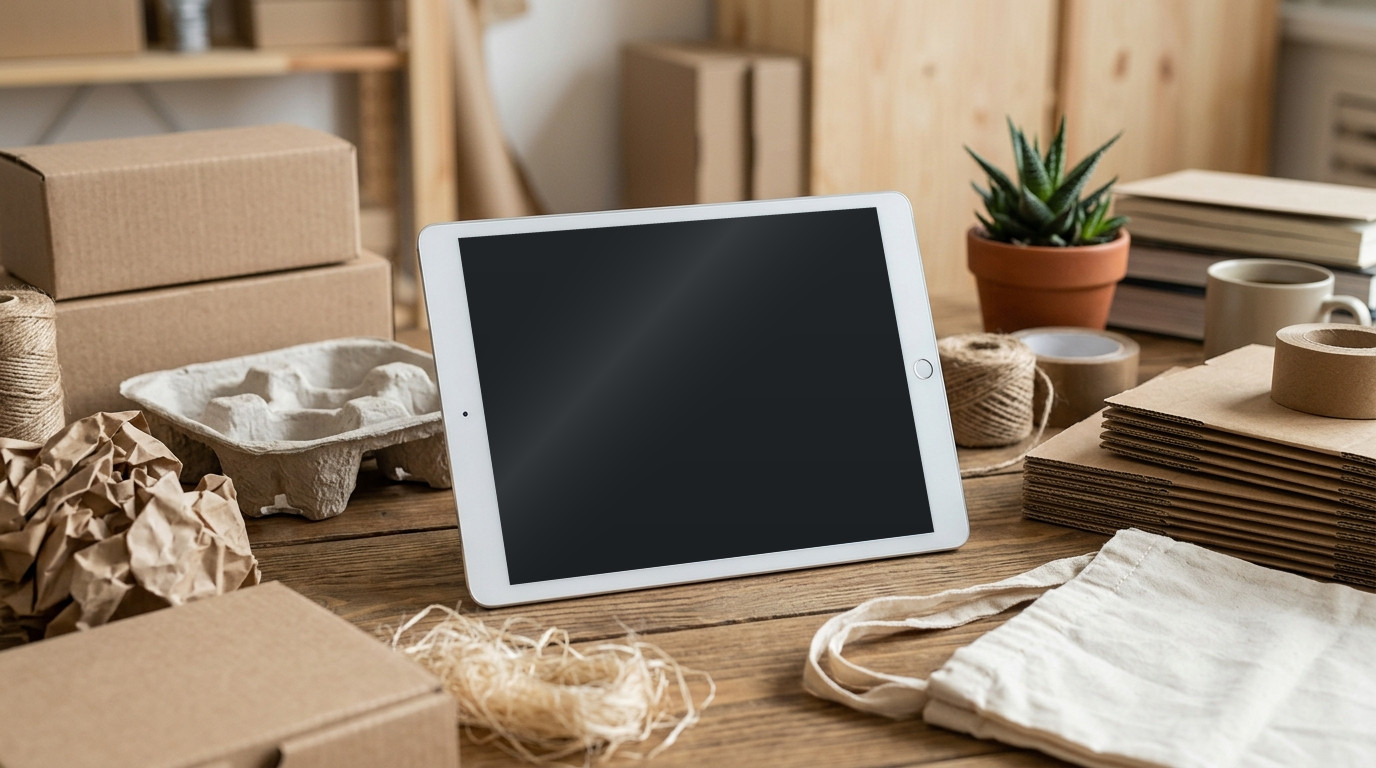 Tablet with a switched-off screen on a wooden table between shipping boxes, paper padding and packing tape · AI-generated