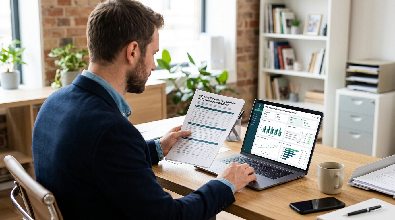 A person comparing in-house compliance tasks on a checklist with external EPR outsourcing solutions for their e-commerce business. · AI-generated