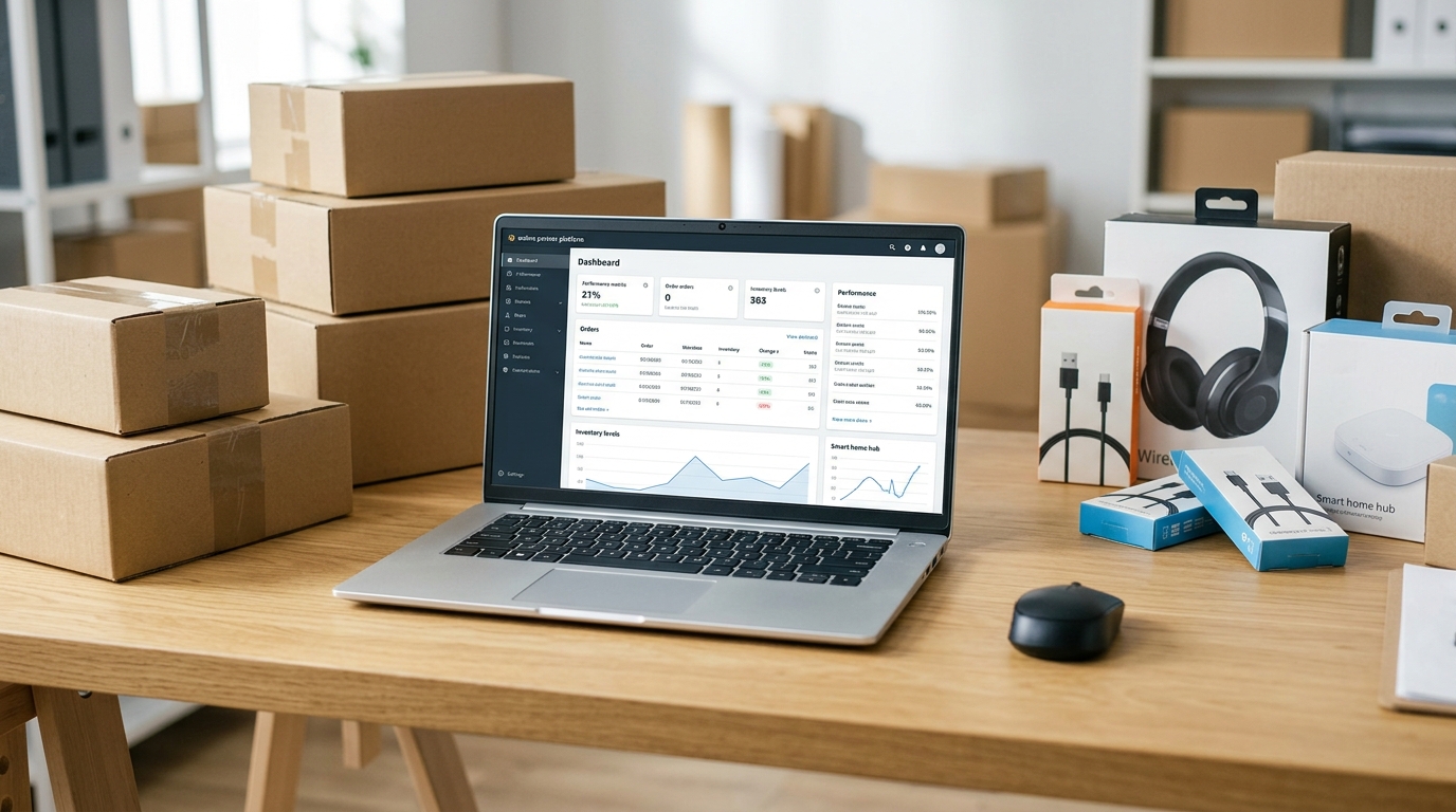 A laptop displaying the bol.com partner platform next to cardboard shipping boxes and electronic products · AI-generated