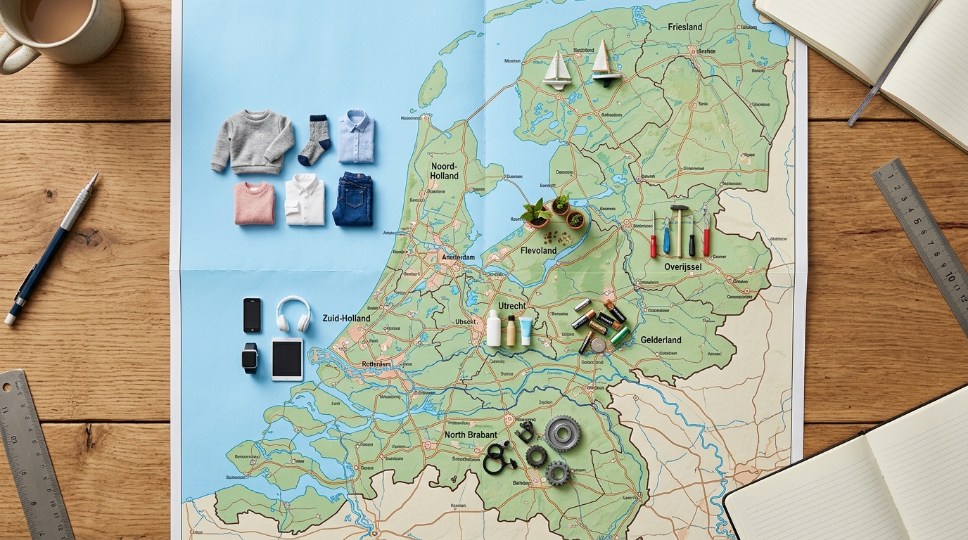 A conceptual illustration of various physical products like clothing, electronics, and batteries being sorted into different compliance categories on a Dutch map. · AI-generated