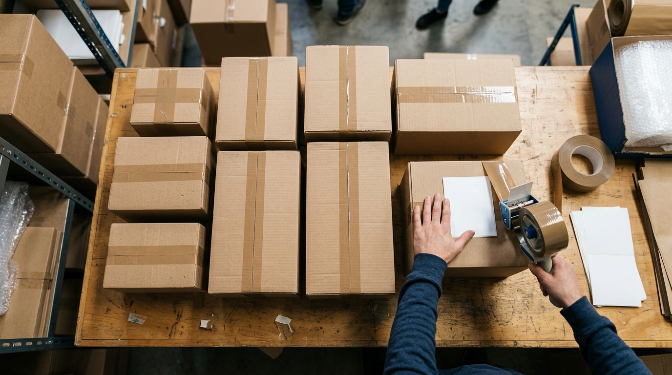 A close-up of various cardboard shipping boxes, tape, and labels being prepared for dispatch in an e-commerce warehouse. · AI-generated