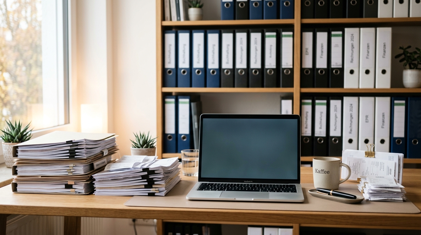 Aufgeräumter Schreibtisch mit stapelweise sortierten Aktenordnern, Rechnungsbelegen und einem Laptop, daneben ein Regal mit beschrifteten Ordnern · KI-generiert