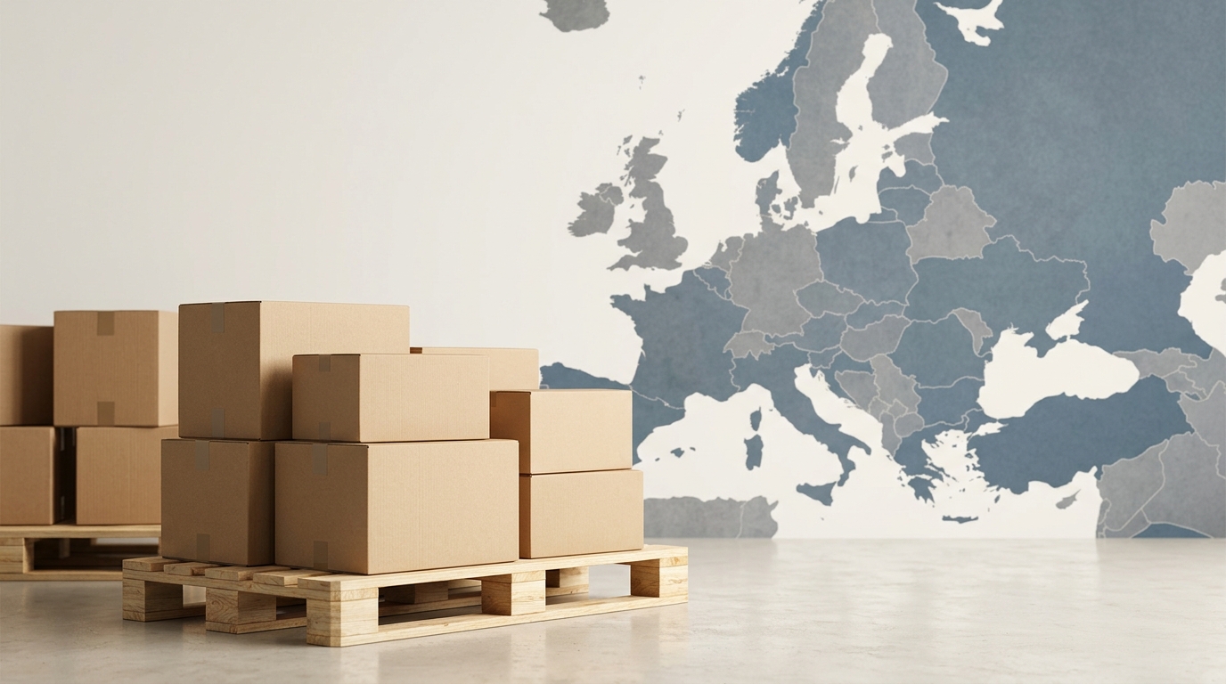 Illustration of packed shipping boxes and pallets in front of a stylised map of Europe, without text, numbers or legal terms · AI-generated