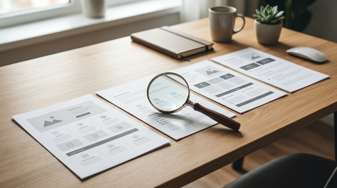 Neutral illustration: several quotation documents side by side on a desk, a magnifying glass above them, no text and no figures. · AI-generated