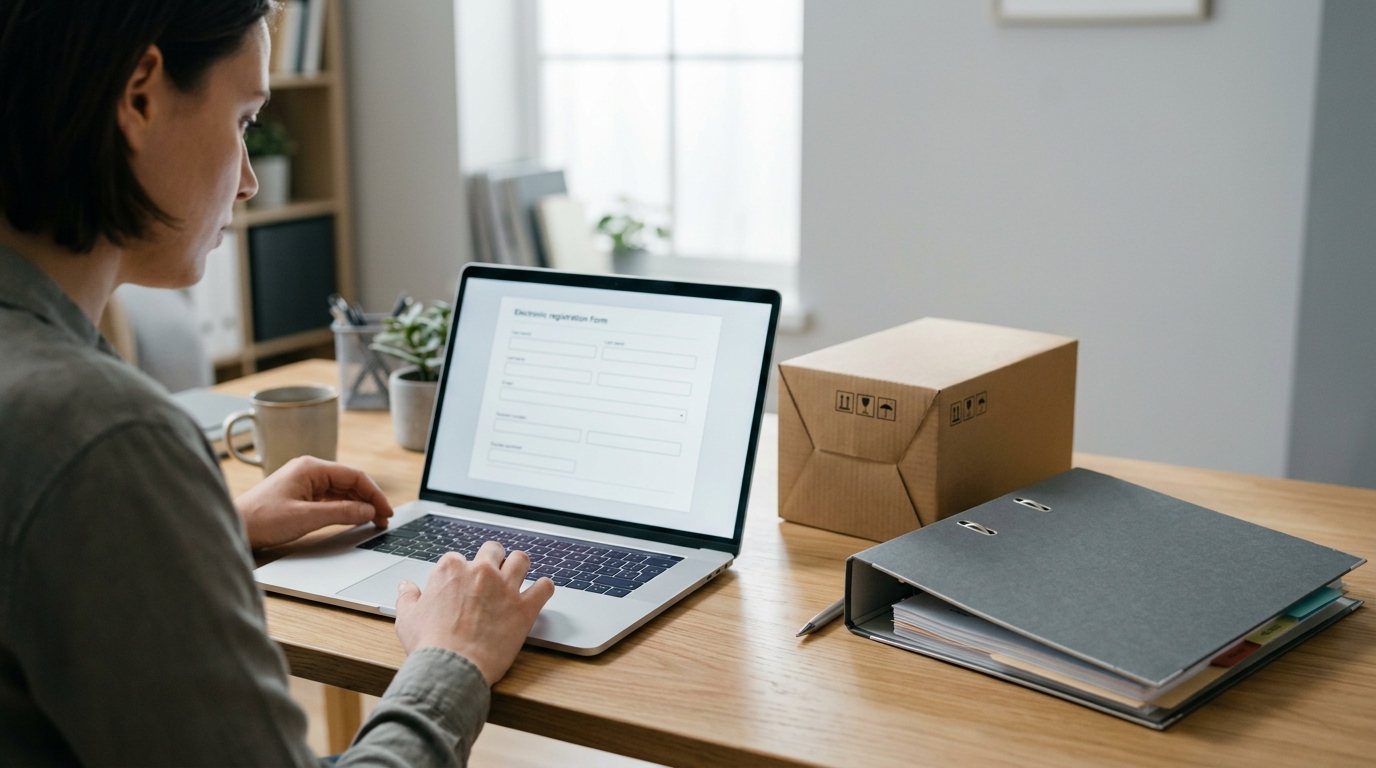 Neutral illustrated scene: a person fills in an electronic form on a laptop, next to a packaged electrical appliance and a folder of documents on the desk. · AI-generated